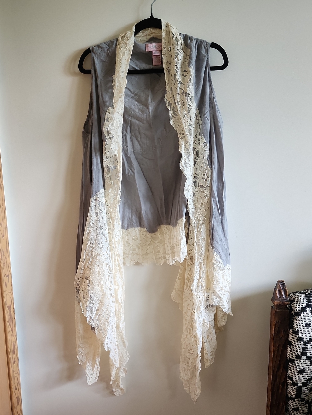 April Cornell Gray Vest with Cream Lace Trim